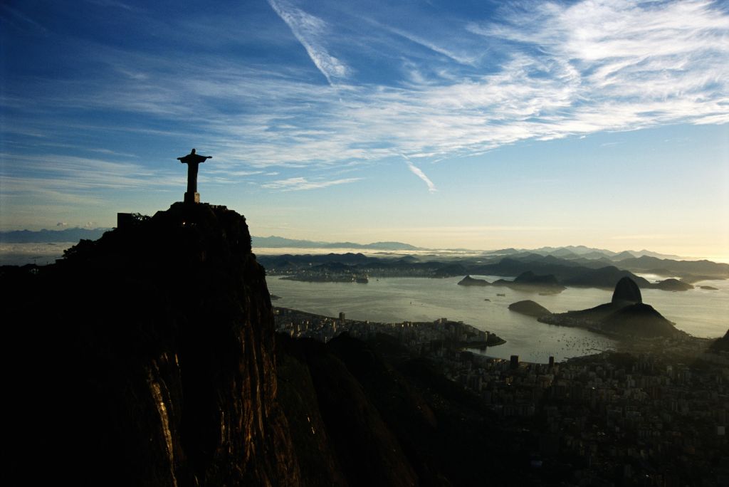 Aerial view of Christ the Reddemer overlooking Guanabara bay, Rio de Janiero, Brazil.