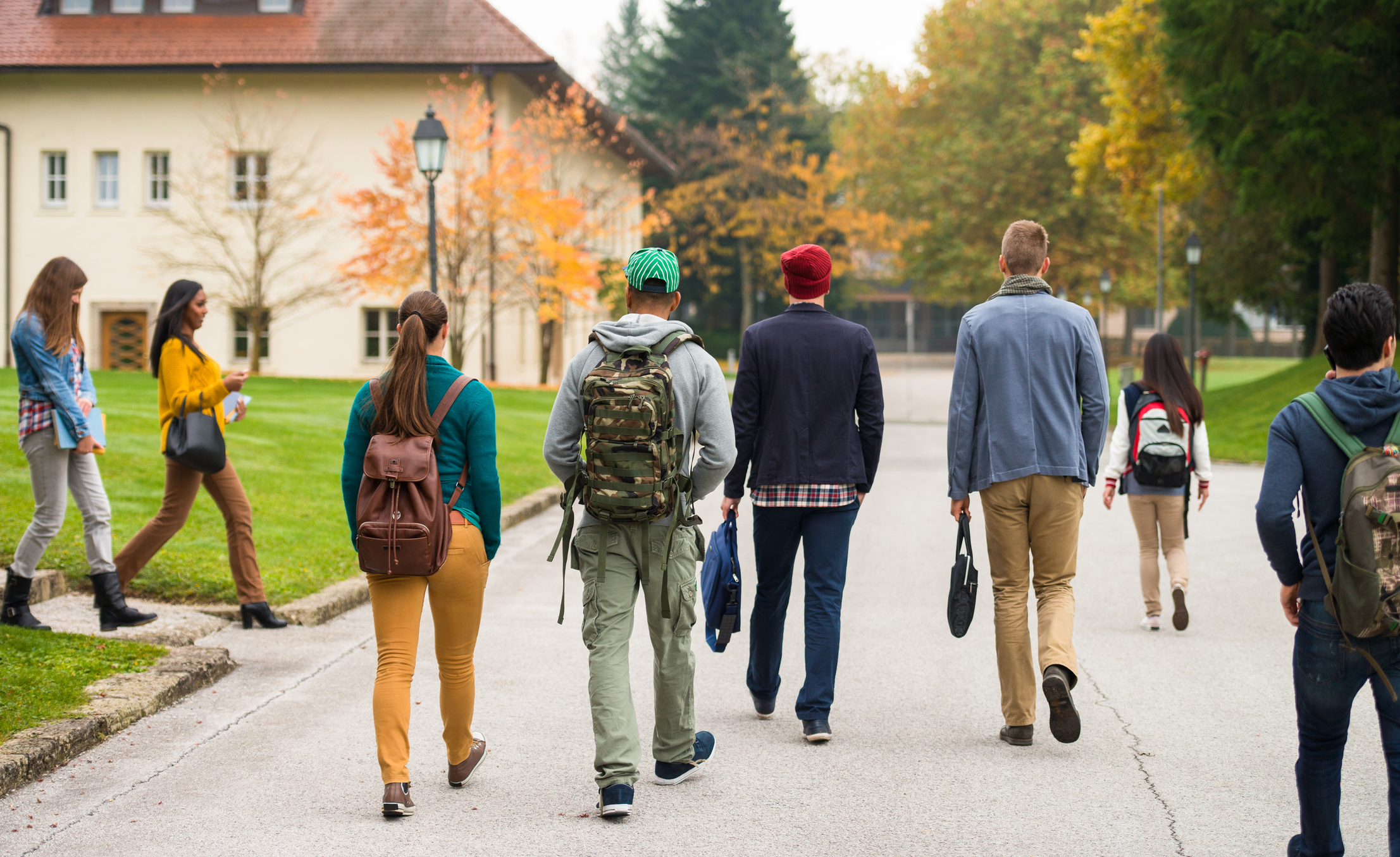Rear View Of Students Walking Through The Park