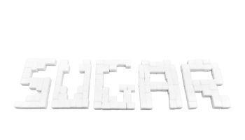 The word sugar from white refined pieces, isolated on a white background