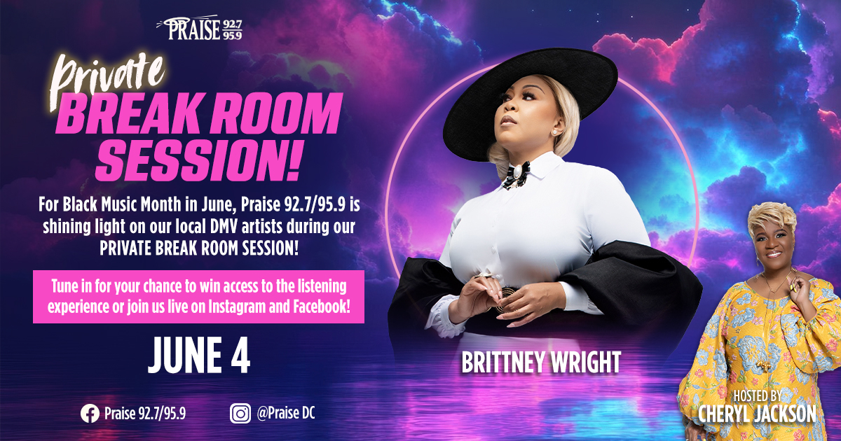 A woman in a wide-brimmed hat and white outfit stands in front of a colorful, cosmic background. Text reads "PRIVATE BREAK ROOM SESSION!" and "BRITNEY WRIGHT" with "HOSTED BY CHERYL JACKSON".