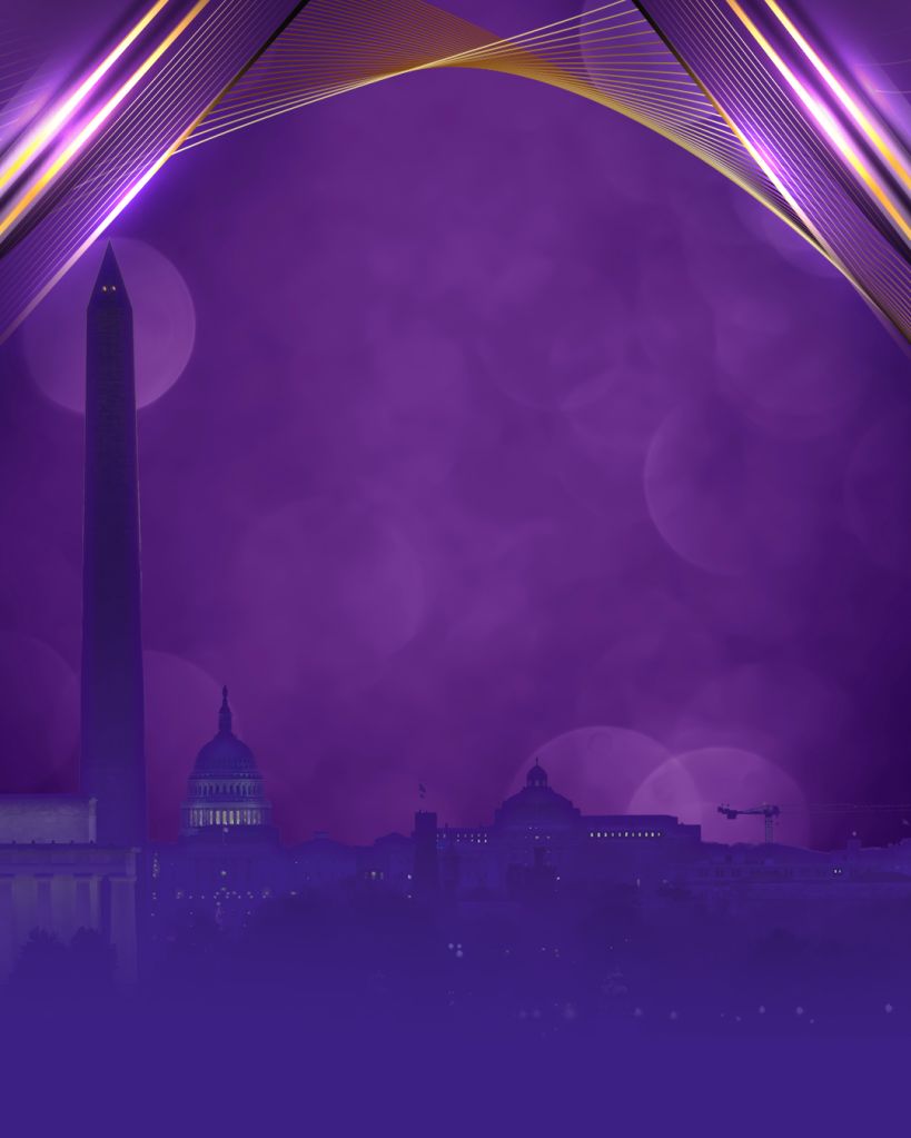 Dramatic purple and gold cityscape with iconic landmarks like the Washington Monument and Capitol Building silhouetted against a glowing sky.
