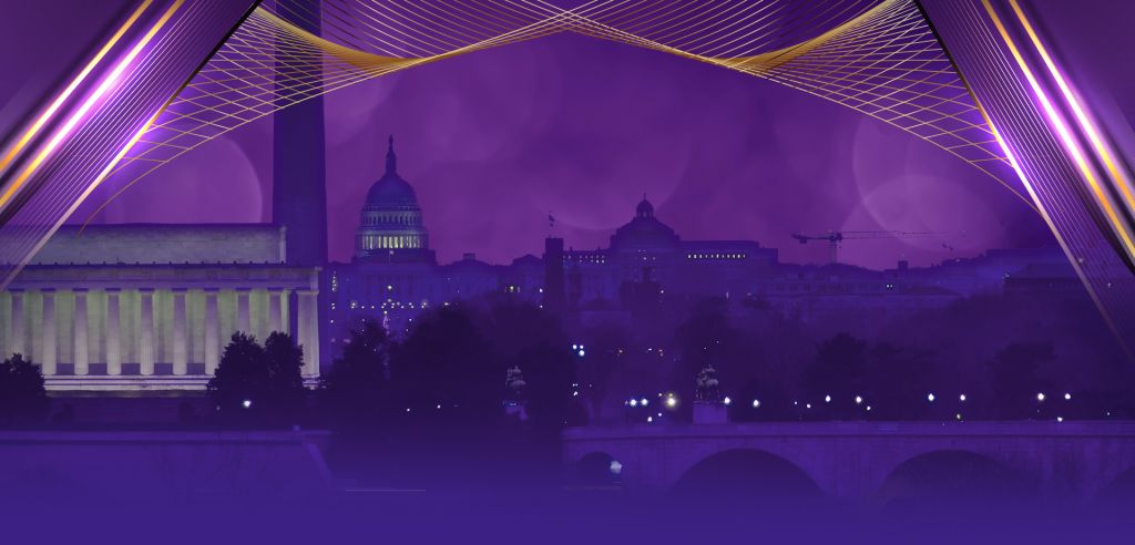 A nighttime cityscape with a large domed building and illuminated bridges spanning a river, set against a purple sky with glowing lights.