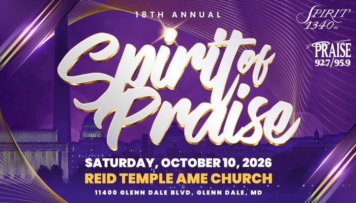 18th annual "Spirit of Praise" event poster with purple and gold design, featuring event details for Saturday, October 10, 2026 at Reid Temple AME Church in Glenn Dale, MD.