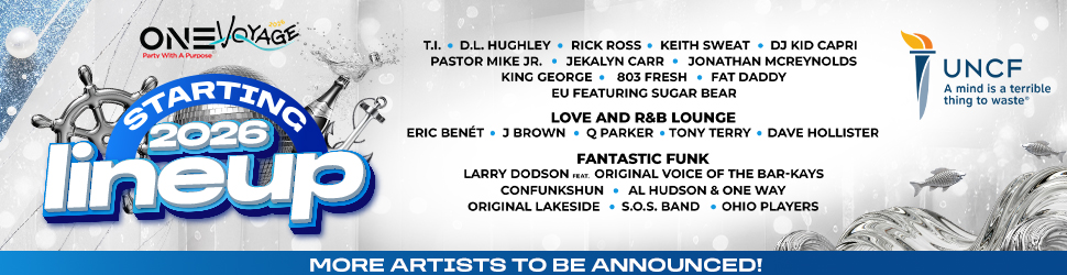 One Voyage music festival poster featuring lineup of musical artists starting in 2026, including DJ Kid Capri, Keith Sweat, and others.