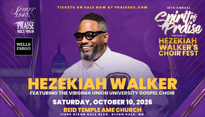 Hezekiah Walker, a smiling man wearing sunglasses, featured on a poster for the 18th Annual Spirit of Praise concert with the Virginia Union University Gospel Choir.
