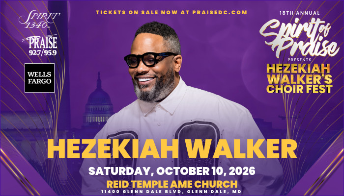 Hezekiah Walker, a smiling man with a beard wearing sunglasses, on a poster for the 18th Annual Spirited Praise Hezekiah Walker's Choir Fest event on October 10, 2026 at Reid Temple AME Church.