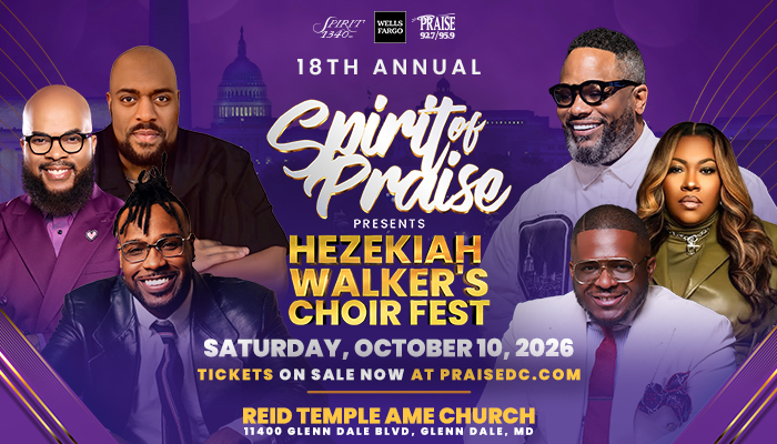 Poster for the 18th Annual Spirit of Praise event, featuring Hezekiah Walker's Choir Fest on October 10, 2026 at Reid Temple AME Church.