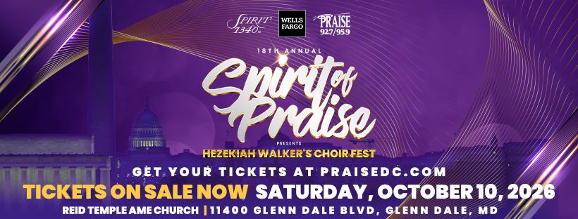 Vibrant purple and gold event poster for the 18th Annual Spirit of Praise concert, featuring the Hezekiah Walker's Choir Fest on October 10, 2026 at Reid Temple AME Church in Glenn Dale, MD.
