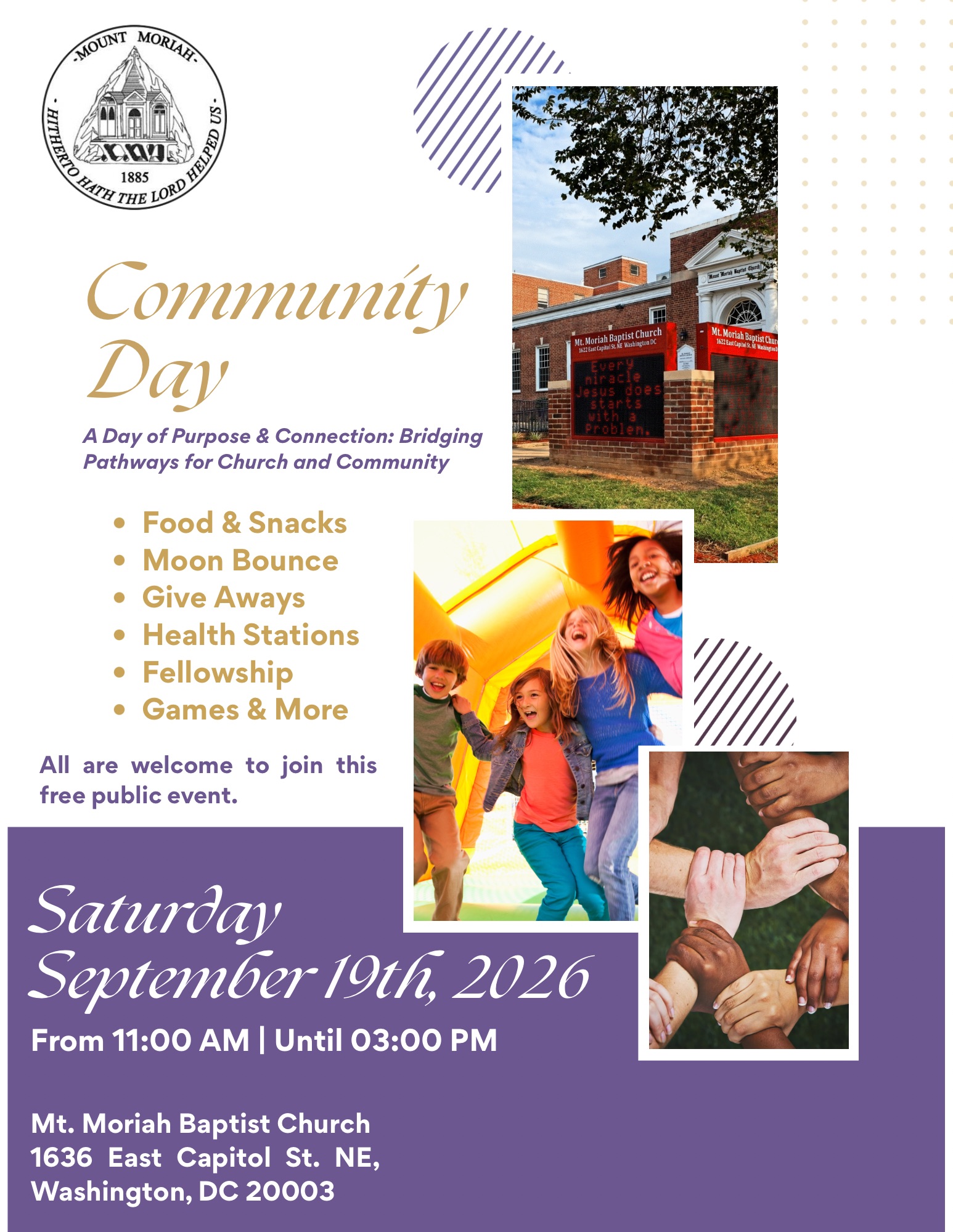 Community Day event poster with details about a free public event on September 19, 2026 at Mt. Moriah Baptist Church in Washington, DC, including food, games, and fellowship activities.