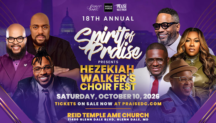 Poster for the 18th Annual Spirit of Praise event featuring Hezekiah Walker's Choir Fest on October 10, 2026 at Reid Temple AME Church.